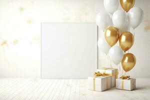 invitación para fiesta con blanco espacio, dorado y blanco globos y presenta contento cumpleaños concepto. generativo ai foto