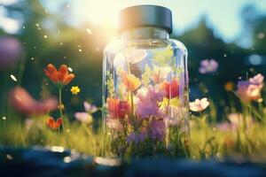 flores en un vaso botella, flores campo ajuste. generativo ai foto