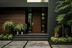 Contemporary exterior of home with dark ceramic tiles as siding of house and tall front door. Generative AI photo