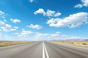 Highway and a blue sky. Asphalt road and beautiful countryside landscape. AI generated photo