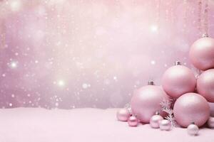 Christmas composition. Christmas pink decorations on pastel pink background. Generative AI photo