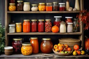Assortment of canned preserves. A rustic pantry with shelves stocked with jams and jars filled with autumn fruits. Generative AI photo