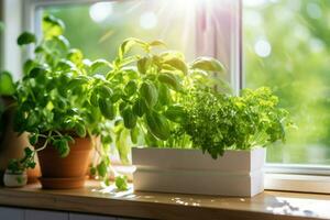 A fresh small culinary herb garden on a sunny windowsill in the kitchen. Generative AI photo