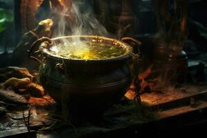 Bubbling cauldron in a dark witchs lair. AI generated photo