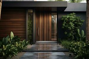 Contemporary exterior of home with dark ceramic tiles as siding of house and tall front door. Generative AI photo