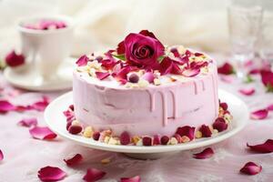 A romantic homemade pink cake adorned with rose petals. Generative AI photo