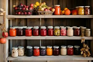 Assortment of canned preserves. A rustic pantry with shelves stocked with jams and jars filled with autumn fruits. Generative AI photo