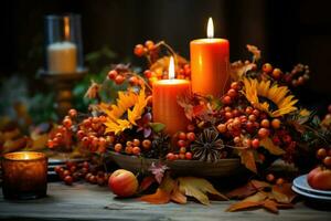 A rustic table centerpiece with candles and autumn foliages. Generative AI photo