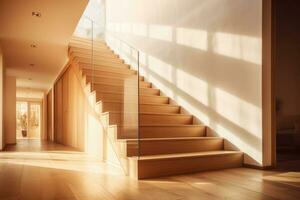Wooden staircase to first floor inside contemporary house. Generative AI photo