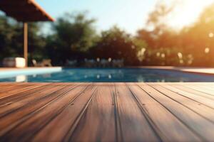 Wooden surface with a blurred background of a swimming pool. Generative AI photo