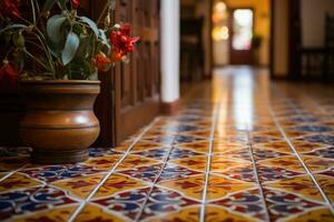 Colorful patterned tiles. Tile work of a classic style home. Generative AI photo