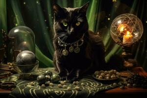 Black cat with green eyes and a crystal ball. Old wooden table with scattered spell ingredients. Generative AI photo