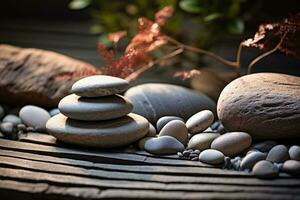 Japanese zen garden. Stones in row pattern in sand and rocks for relaxation and concentration. Generative AI photo