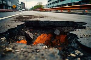 Dangerous hole in the asphalt highway. Road with cracks. Damaged asphalt, road collapse. Generative AI photo