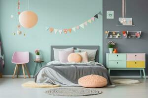 Cheerful kids bedroom with comfortable bed and desk decorated in a pastel colors. Generative AI photo
