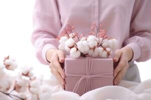 Woman's hands hold pink gifts box on pink background with flowers cotton branches. Generative AI photo