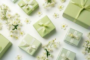 Green gifts boxes on white background with flowers cotton branches. Generative AI photo