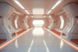 A hallway in a futuristic spaceship. Corridor inside space station. Generative AI photo