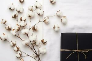 Black gifts boxes on white background with flowers cotton branches. Generative AI photo