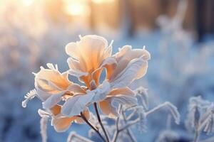 Frozen icy flowers in winter. Winter scene. Generative AI photo