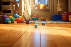 Children's room interior with toys on the wooden floor. Playroom with plastic colorful toys. Generative AI photo