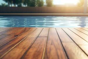 Wooden surface with a blurred background of a swimming pool. Generative AI photo