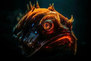 Deep-water fish at the bottom of the ocean. A scary fish with big teeth. Underwater world. Generative AI photo