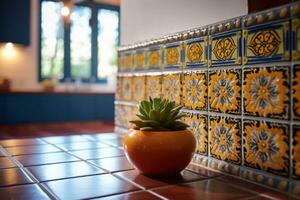 Colorful patterned tiles. Tile work of a classic style home. Generative AI photo