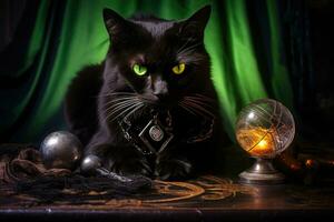 Black cat with green eyes and a crystal ball. Old wooden table with scattered spell ingredients. Generative AI photo