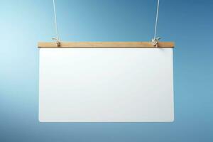 Blank white signboard with hanging with string on blue background. Generative AI photo