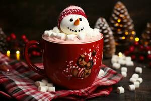 Mug with hot chocolate and melted marshmallow snowman. AI generated photo