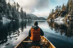 Male traveler in winter coat canoeing on lake at national park. Generative AI photo