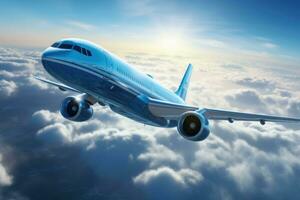 Passengers airplane flying above clouds in blue sky. Concept of fast travel. AI generated photo