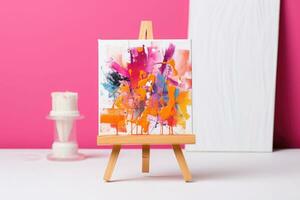 Small easel with a canvas showcasing. Abstract oil painting. Generative AI photo