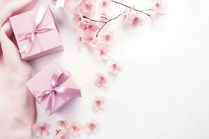 Pink gifts boxes on pink background with flowers. Generative AI photo