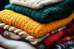 Stack of various colorful knitted warm sweaters. Generative AI photo