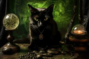 Black cat with green eyes and a crystal ball. Old wooden table with scattered spell ingredients. Generative AI photo