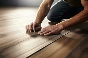 A worker's hands installing a new hardwood floor. Generative AI photo