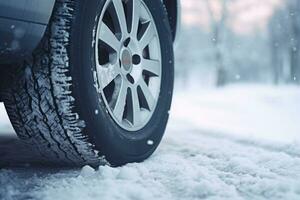 Car tires in winter on the road covered with snow. Generative AI photo