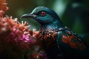 Colored tropical bird and beautiful surreal flowers. Generative AI photo