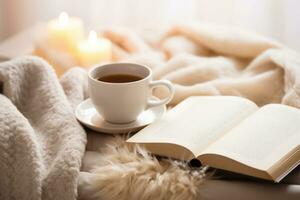 Hot cup of coffee and open book surrounded by a fluffy blanket on bed on a cold winter day. Relaxation and hygge concept. Generative AI photo
