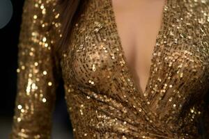 Part of golden women dress. Expensive dress in sequins. Brilliant fashion look. Generative AI photo