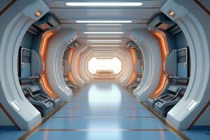 A hallway in a futuristic spaceship. Corridor inside space station. Generative AI photo