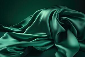 Abstract green smooth silk background. Satin elegant luxury fabric. Beautiful soft folds on the surface of the fabric. Generative AI photo