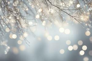 Glitter silver sparkles on branches. Garland sparkles on the tree. Light winter background. Generative AI photo