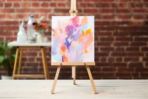 Small easel with a canvas showcasing. Abstract oil painting. Generative AI photo