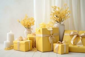 amarillo regalos cajas en blanco antecedentes con flores y sucursales. generativo ai foto