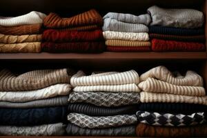 A few sweaters lined up neatly on a wooden rack. Generative AI photo