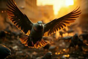 Pigeons abstract silhouette emerges from the blurred background in focus AI Generated photo