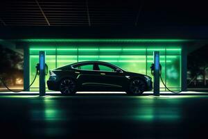 Electric car at a charging station in night. Car silhouette side view. Generative AI photo